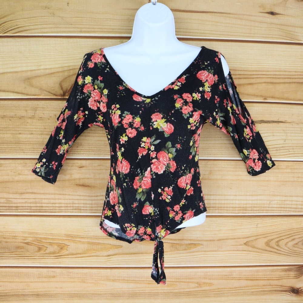 Deb Shirt Cold Shoulder Half Sleeves Womens Sz S Black Floral Stretch Front Tie